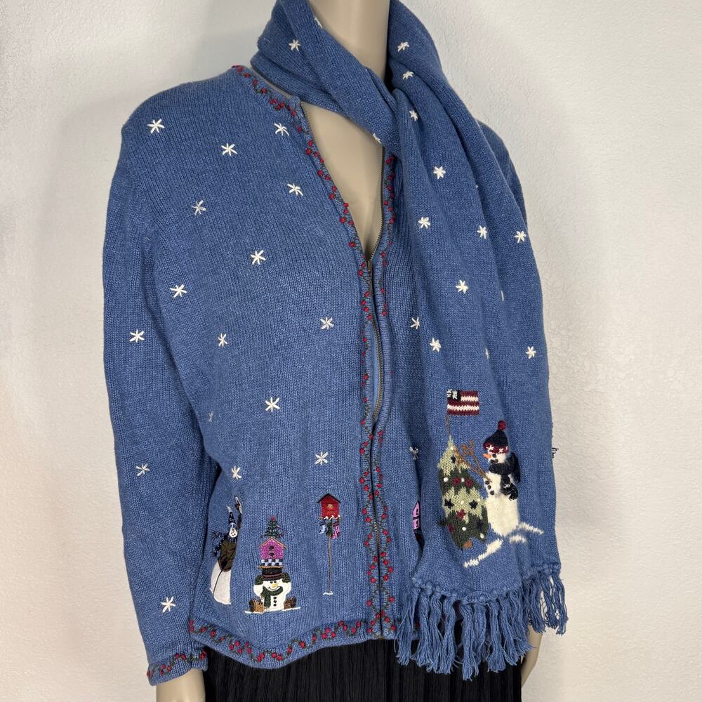 Vintage Snowman Knit Cardigan 1X Blue Winter Sweater with Matching Scarf Novelty - Picture 2 of 8